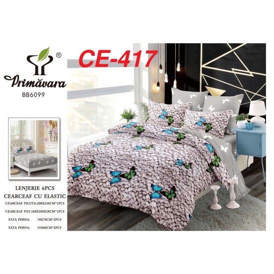 Lenjerie de Pat din Finet cu elastic, 6 Piese, Pat 2 Persoane Lenjerii bumbac finet 2 persoane 6 piese, cearșaf pat cu elastic