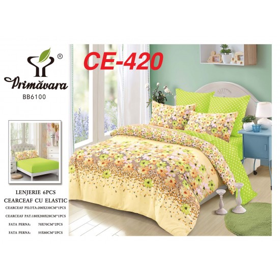 Lenjerie de Pat din Finet cu elastic, 6 Piese, Pat 2 Persoane Lenjerii bumbac finet 2 persoane 6 piese, cearșaf pat cu elastic