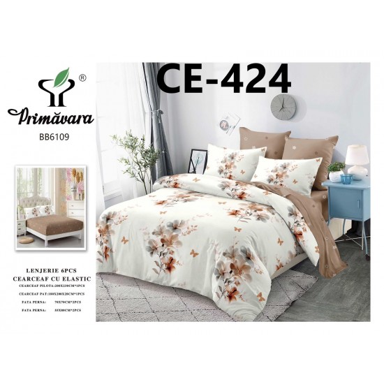 Lenjerie de Pat din Finet cu elastic, 6 Piese, Pat 2 Persoane Lenjerii bumbac finet 2 persoane 6 piese, cearșaf pat cu elastic