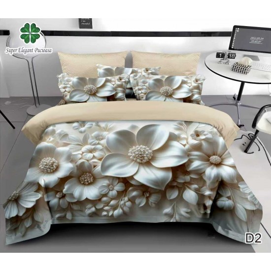 Lenjerie de Pat din Bumbac Finet, 6 Piese, Pat 2 Persoane 5D Lenjerie De Pat Bumbac Finet 6 Piese Cu Elastic 5D