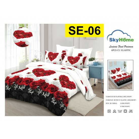 Lenjerie de Pat din Finet cu elastic, 6 Piese, Pat 2 Persoane Lenjerii bumbac finet 2 persoane 6 piese, cearșaf pat cu elastic