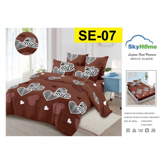 Lenjerie de Pat din Finet cu elastic, 6 Piese, Pat 2 Persoane Lenjerii bumbac finet 2 persoane 6 piese, cearșaf pat cu elastic