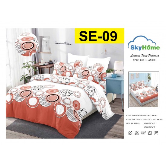 Lenjerie de Pat din Finet cu elastic, 6 Piese, Pat 2 Persoane Lenjerii bumbac finet 2 persoane 6 piese, cearșaf pat cu elastic