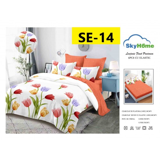 Lenjerie de Pat din Finet cu elastic, 6 Piese, Pat 2 Persoane Lenjerii bumbac finet 2 persoane 6 piese, cearșaf pat cu elastic